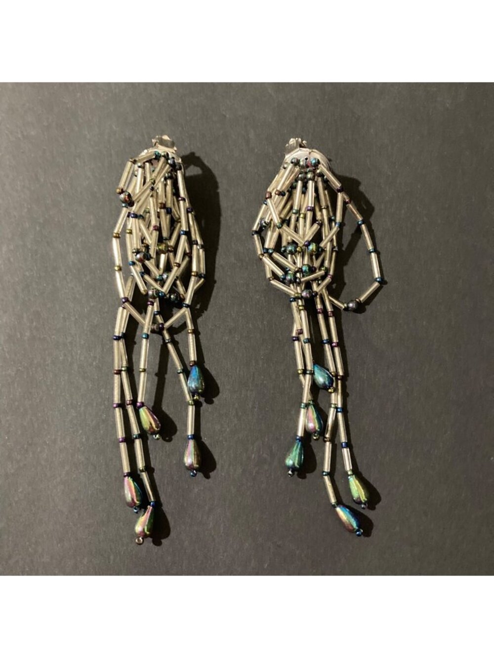 Vintage Iridescent Silver And Blue Beaded Statement Earrings